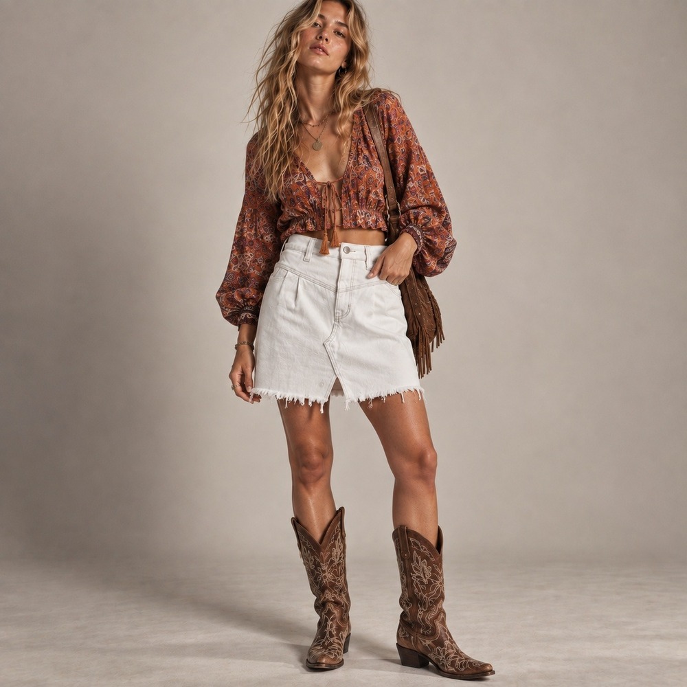 Free People Sidecar Western Yoke Raw Hem Denim Mini Skirt White Clay Sz 29